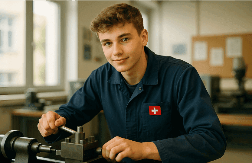 Lehrling in der Berufsausbildung arbeitet an einer Drehmaschine.